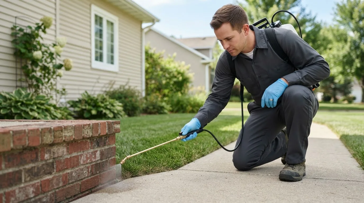 Pest control technician treating a home near Irondequoit, NY